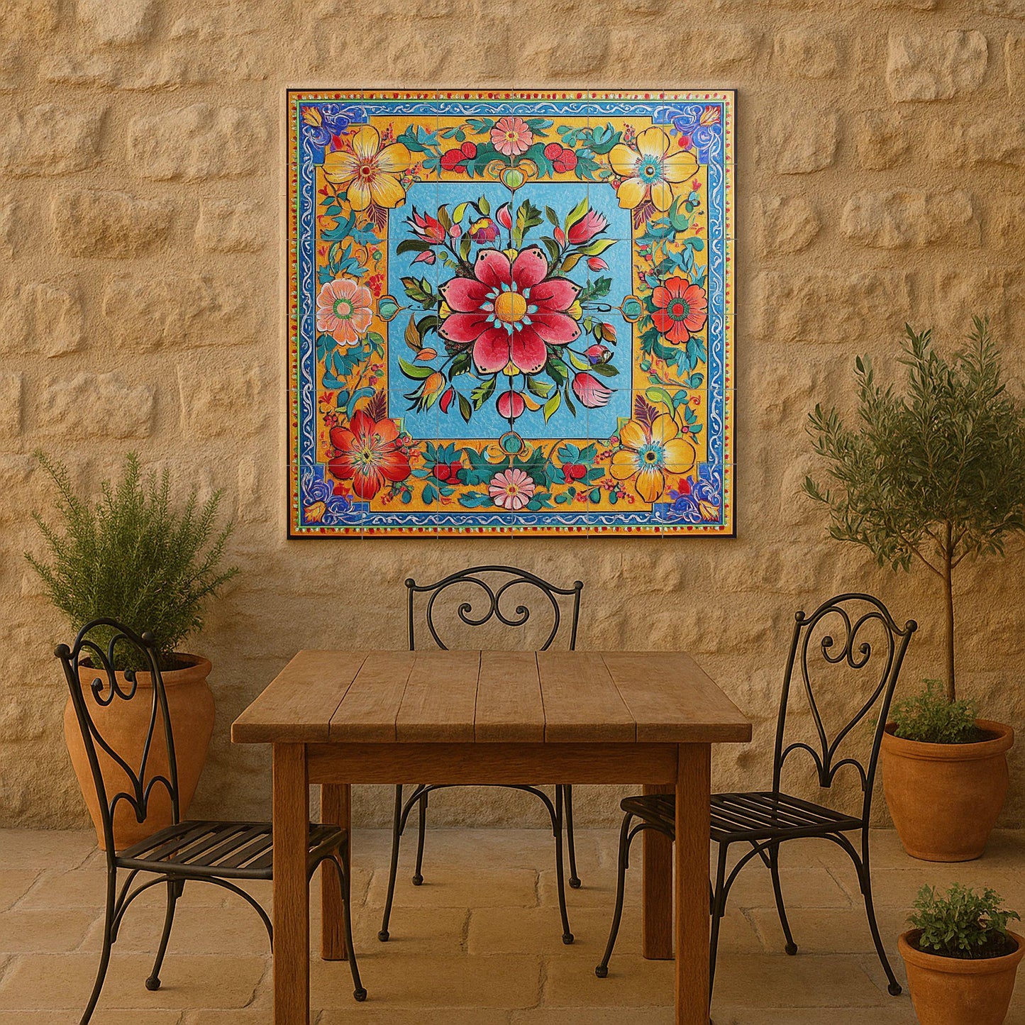 Ceramic mural with Pakistani truck art: vibrant floral and geometric motifs with decorative border, wall tile design with a colorful folk style.