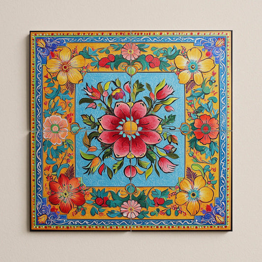 Ceramic mural with Pakistani truck art: vibrant floral and geometric motifs with decorative border, wall tile design with a colorful folk style.