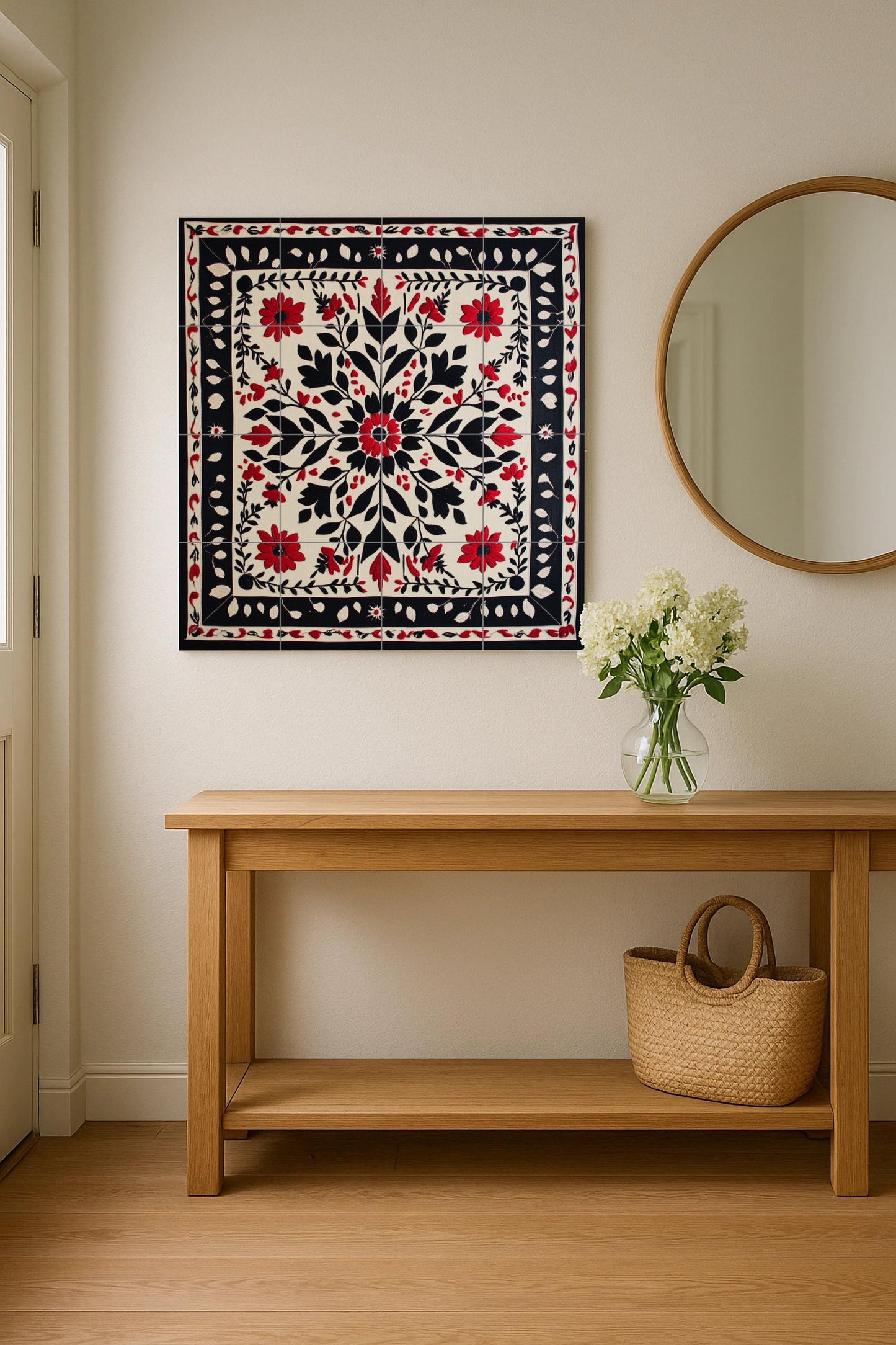Ceramic mural with floral embroidery: symmetrical pattern of red and black flowers with ornamental border, decorative mosaic design.
