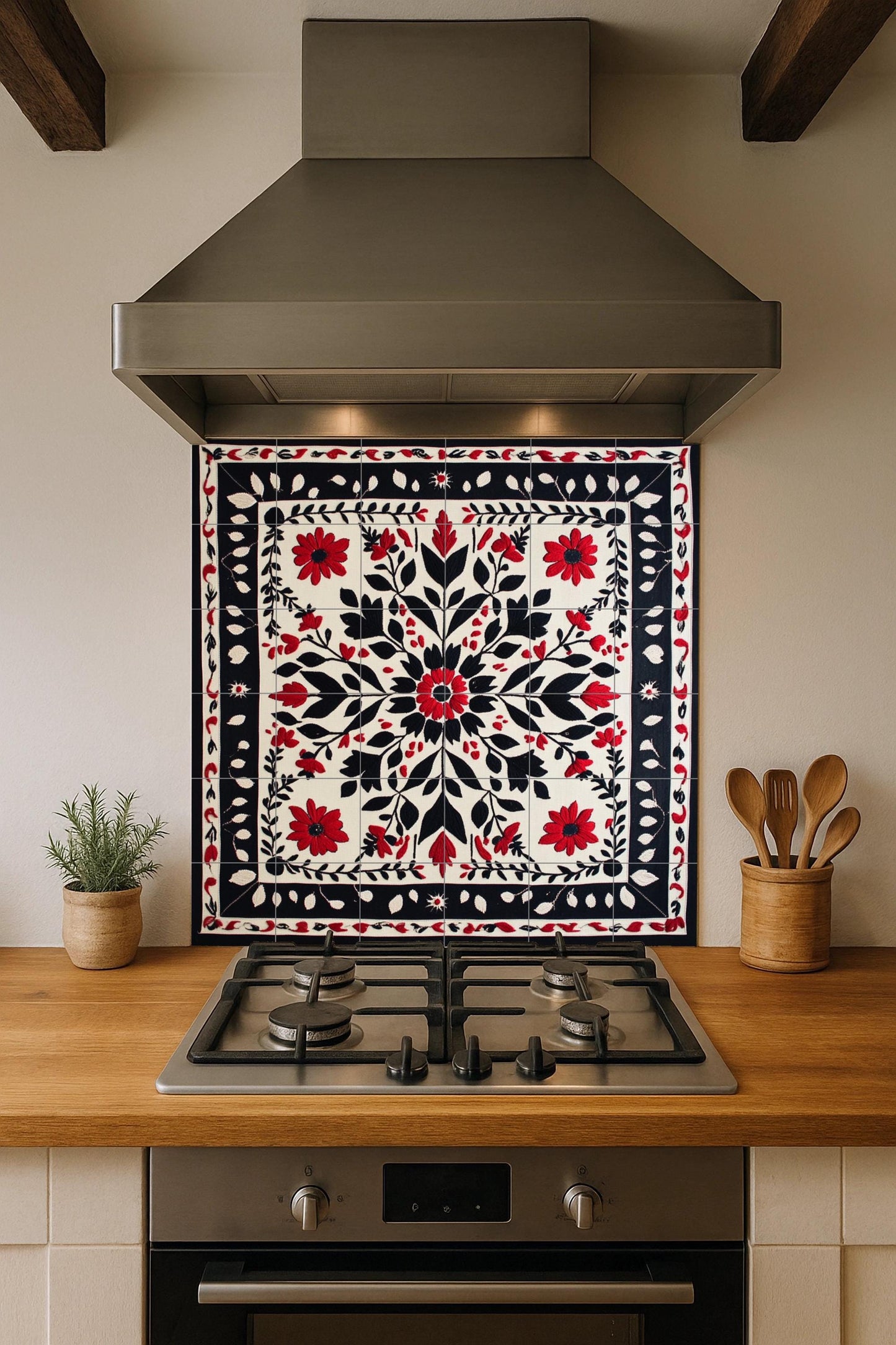 Ceramic mural with floral embroidery: symmetrical pattern of red and black flowers with ornamental border, decorative mosaic design.