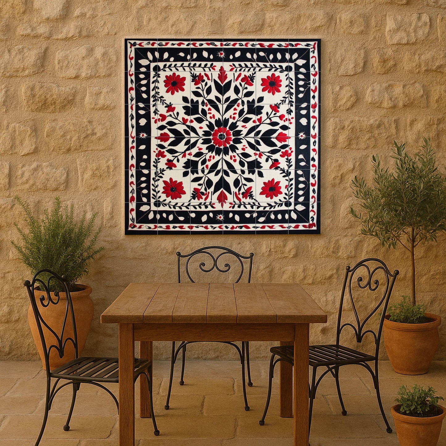 Ceramic mural with floral embroidery: symmetrical pattern of red and black flowers with ornamental border, decorative mosaic design.