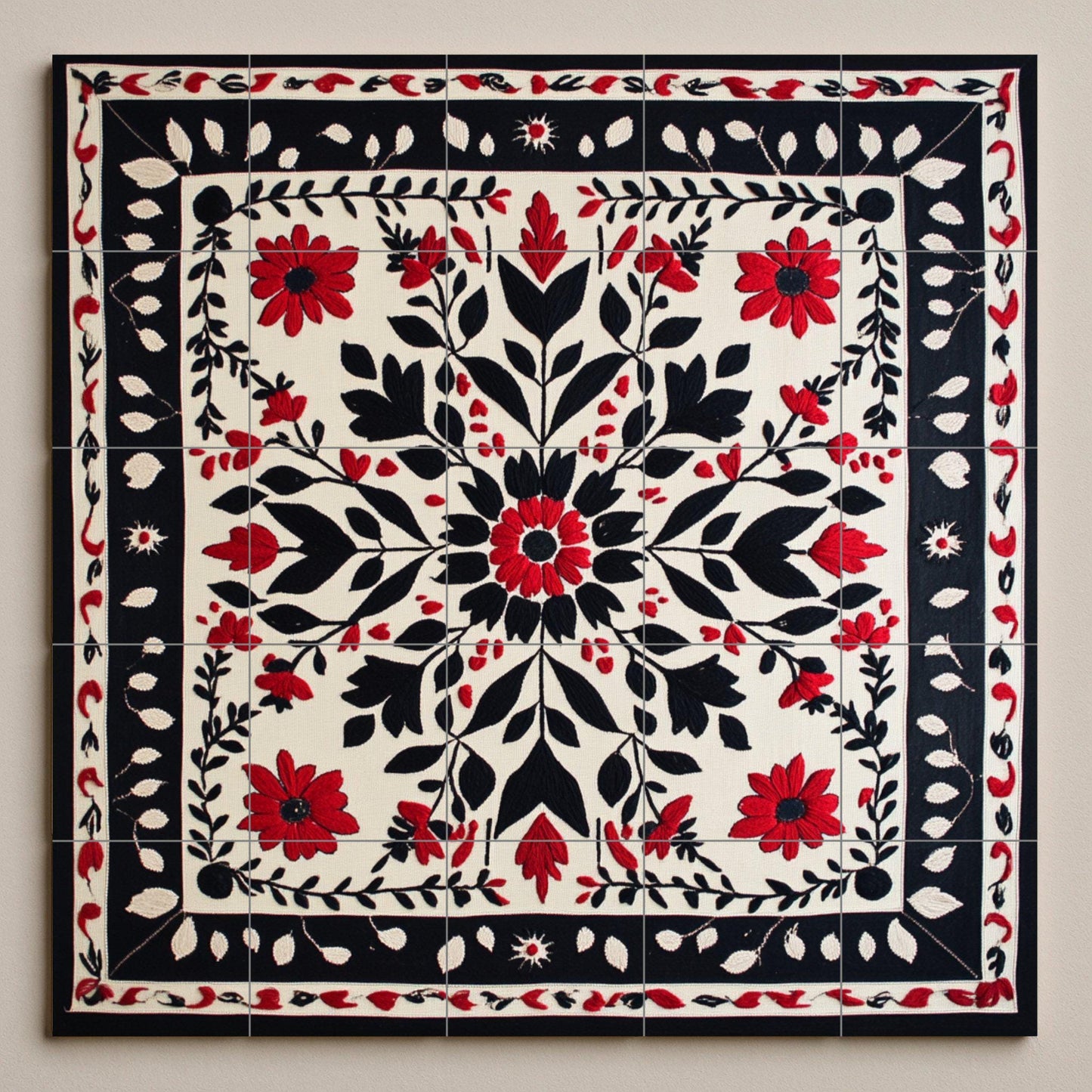 Ceramic mural with floral embroidery: symmetrical pattern of red and black flowers with ornamental border, decorative mosaic design.