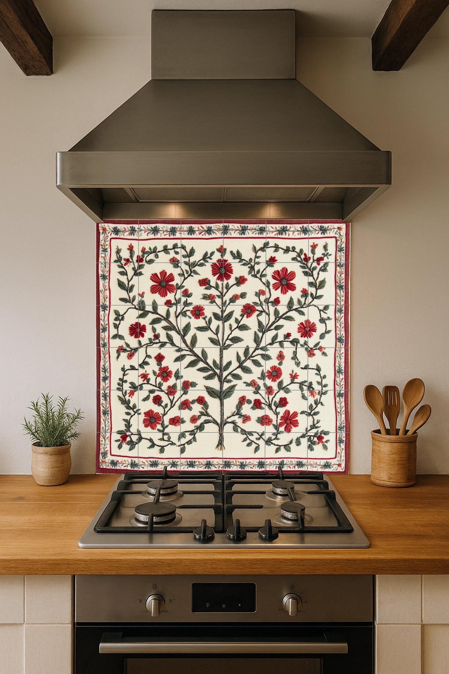 Embroidered ceramic mural of Bethlehem: Palestinian Tatreez Tree of Life with red flowers from Gaza and folk heritage pattern from Jerusalem.