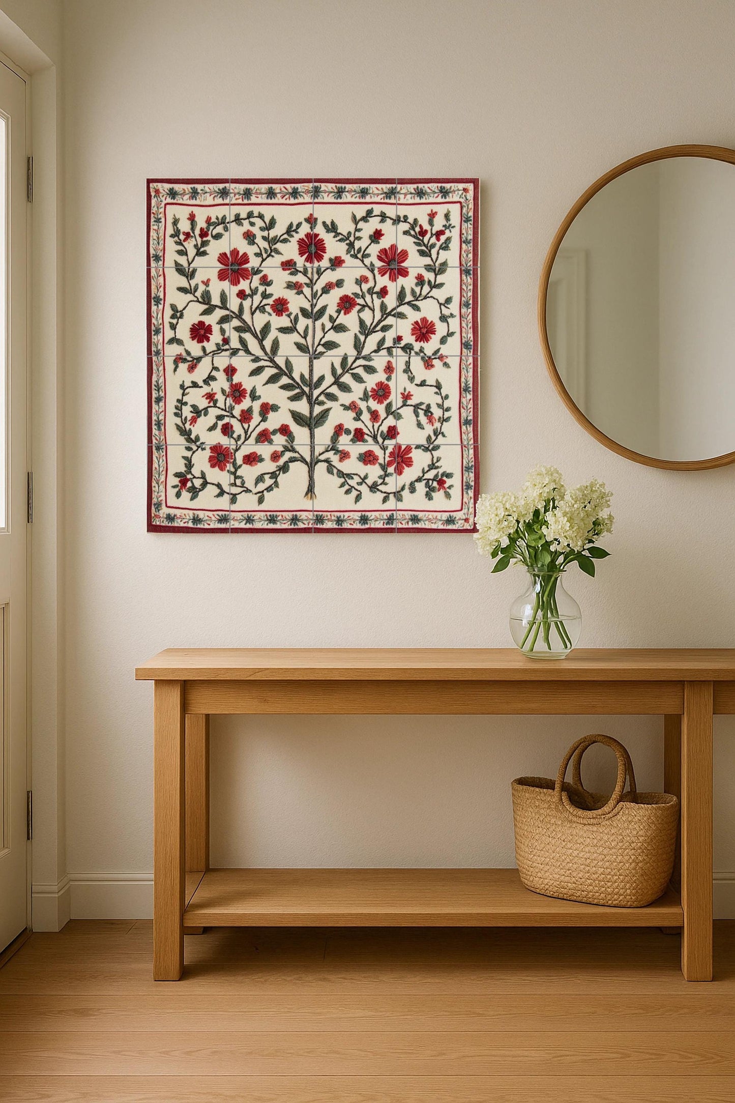 Embroidered ceramic mural of Bethlehem: Palestinian Tatreez Tree of Life with red flowers from Gaza and folk heritage pattern from Jerusalem.