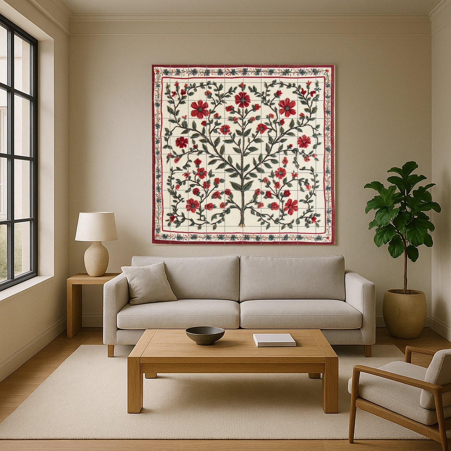 Embroidered ceramic mural of Bethlehem: Palestinian Tatreez Tree of Life with red flowers from Gaza and folk heritage pattern from Jerusalem.