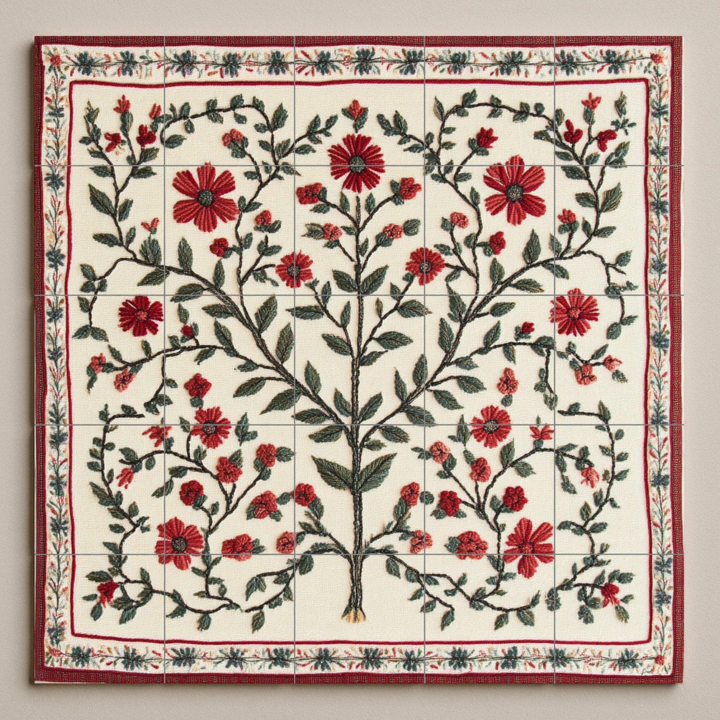 Embroidered ceramic mural of Bethlehem: Palestinian Tatreez Tree of Life with red flowers from Gaza and folk heritage pattern from Jerusalem.