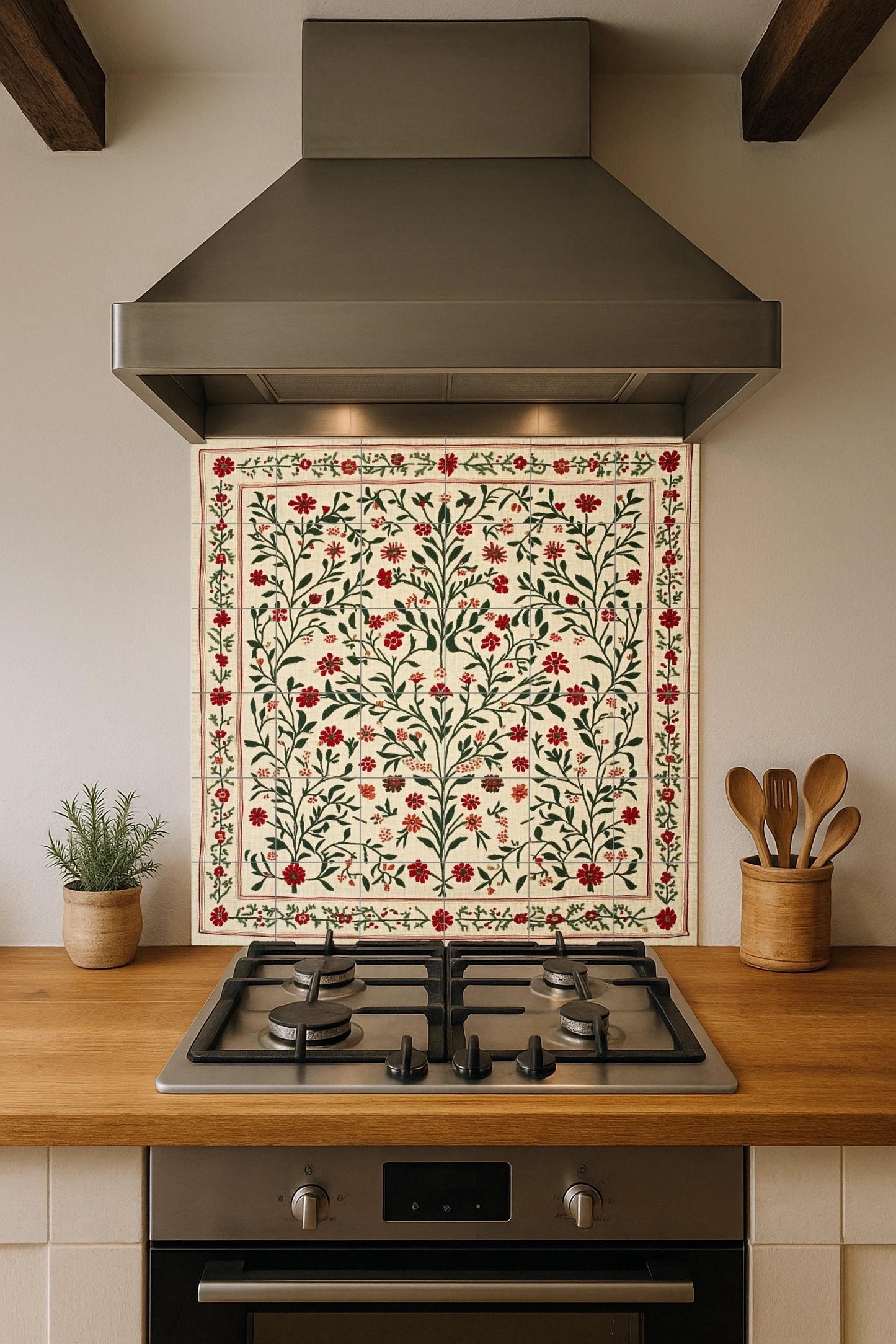 Tatreez ceramic mural from Jerusalem: folk embroidery from Bethlehem and Ramallah with cross-stitch design of olive and red flowers from Gaza.