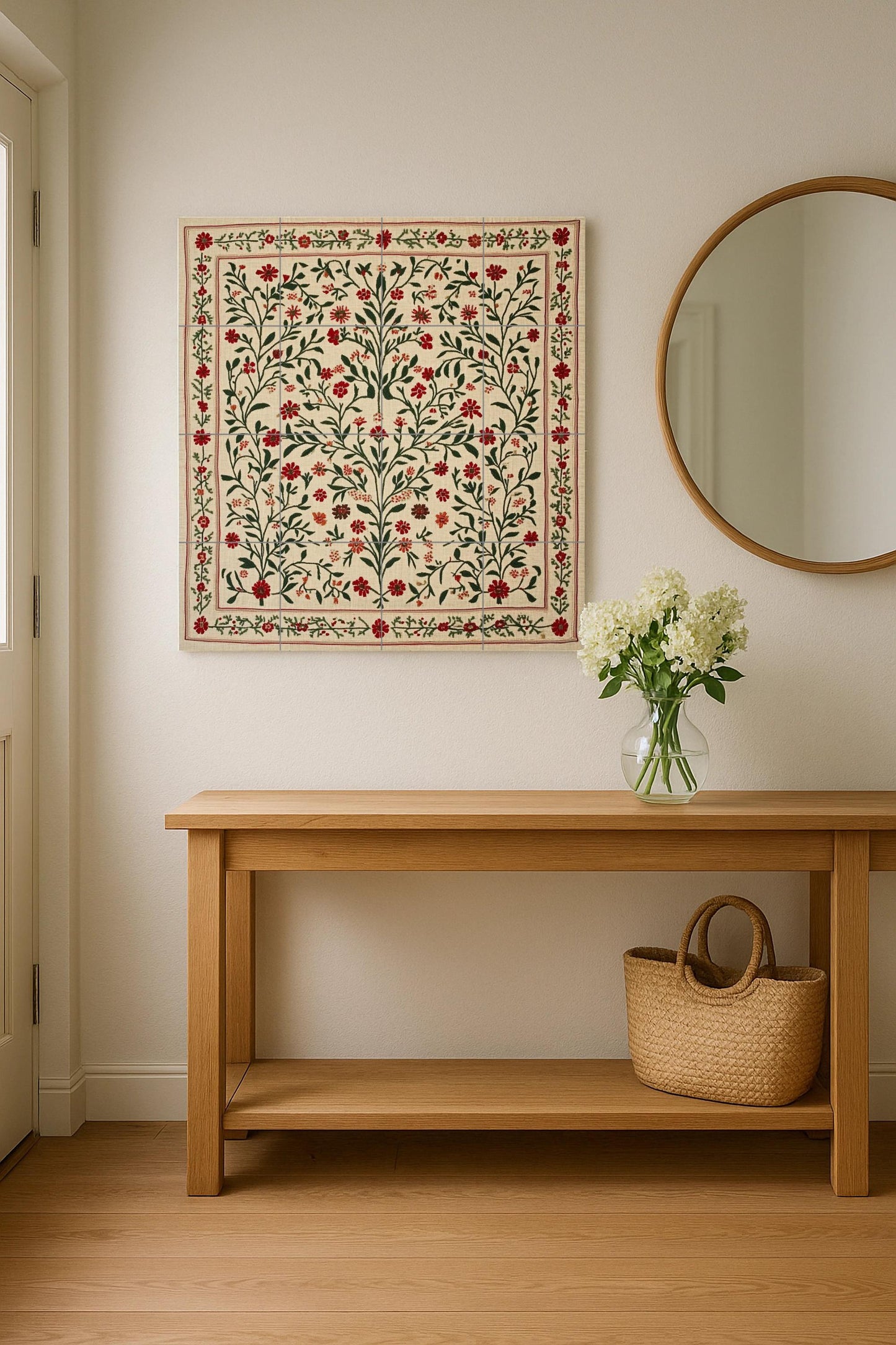 Tatreez ceramic mural from Jerusalem: folk embroidery from Bethlehem and Ramallah with cross-stitch design of olive and red flowers from Gaza.