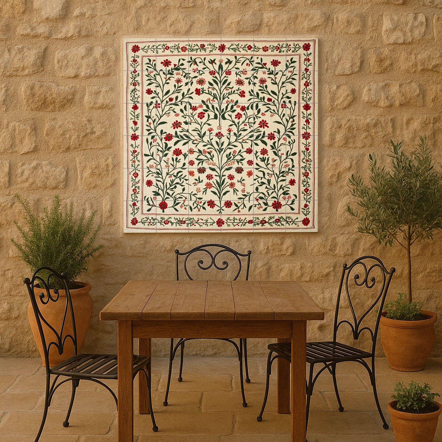 Tatreez ceramic mural from Jerusalem: folk embroidery from Bethlehem and Ramallah with cross-stitch design of olive and red flowers from Gaza.