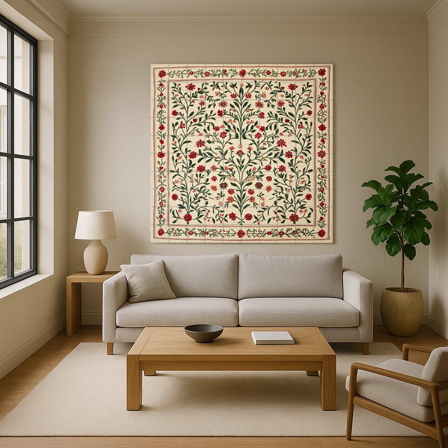 Tatreez ceramic mural from Jerusalem: folk embroidery from Bethlehem and Ramallah with cross-stitch design of olive and red flowers from Gaza.