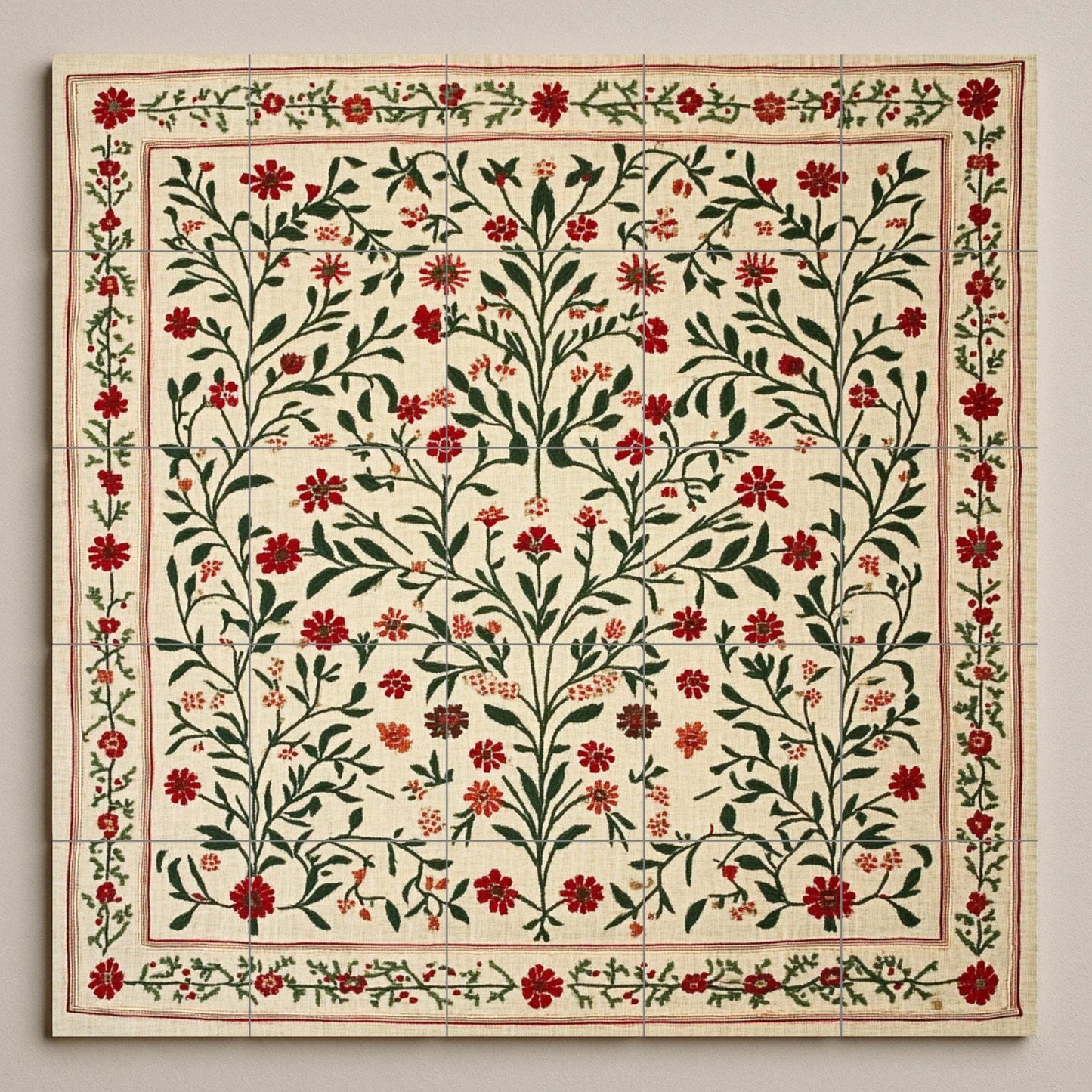 Tatreez ceramic mural from Jerusalem: folk embroidery from Bethlehem and Ramallah with cross-stitch design of olive and red flowers from Gaza.