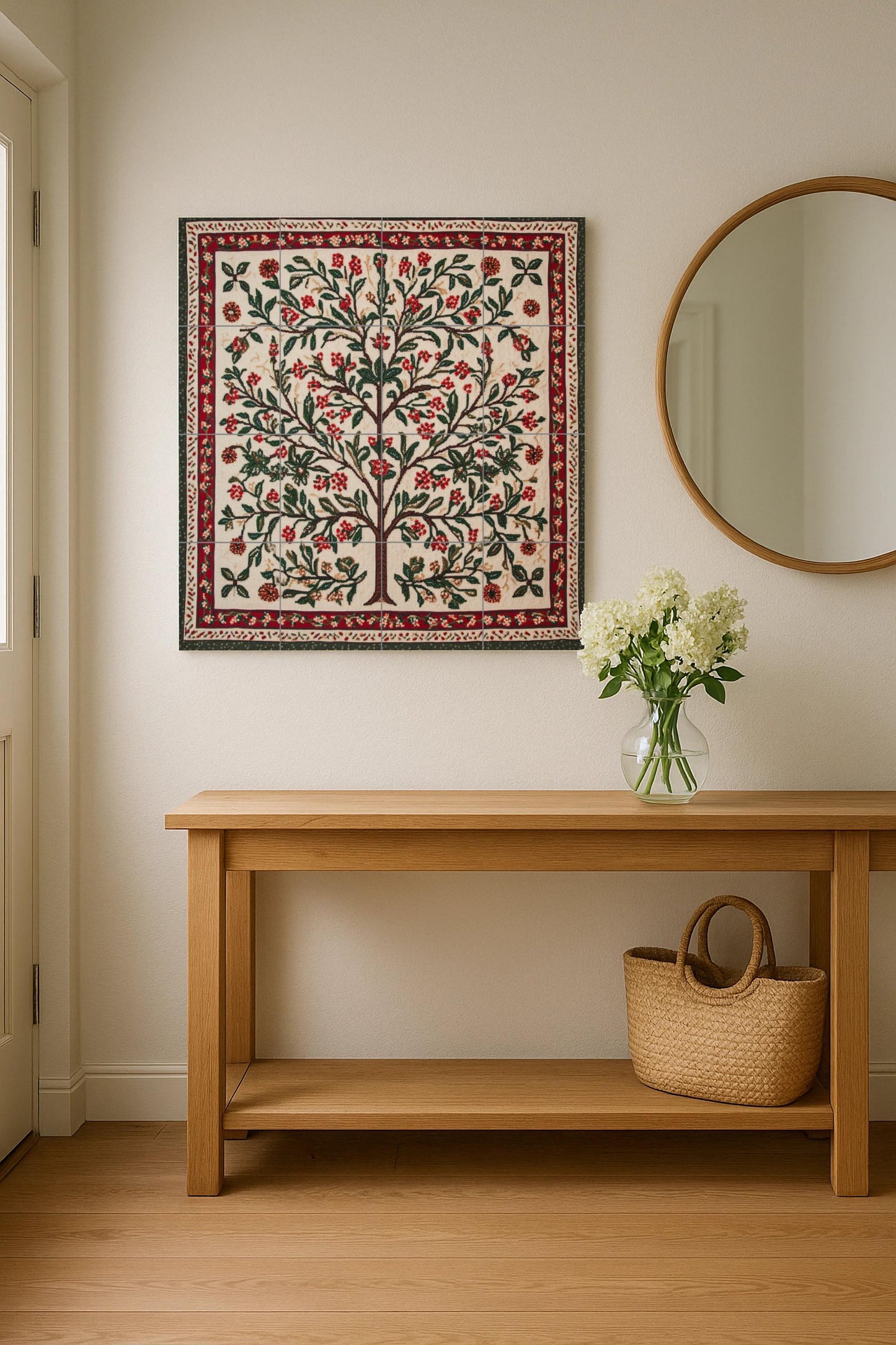 Palestinian Tatreez ceramic mural: Floral tree embroidered with olive and almond branches, red and green cross stitch pattern.