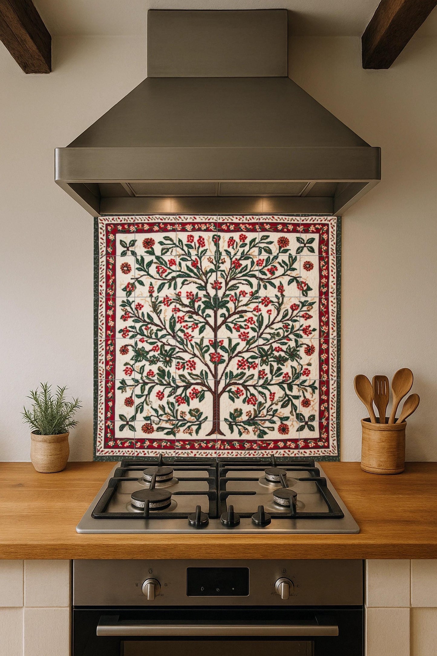 Palestinian Tatreez ceramic mural: Floral tree embroidered with olive and almond branches, red and green cross stitch pattern.