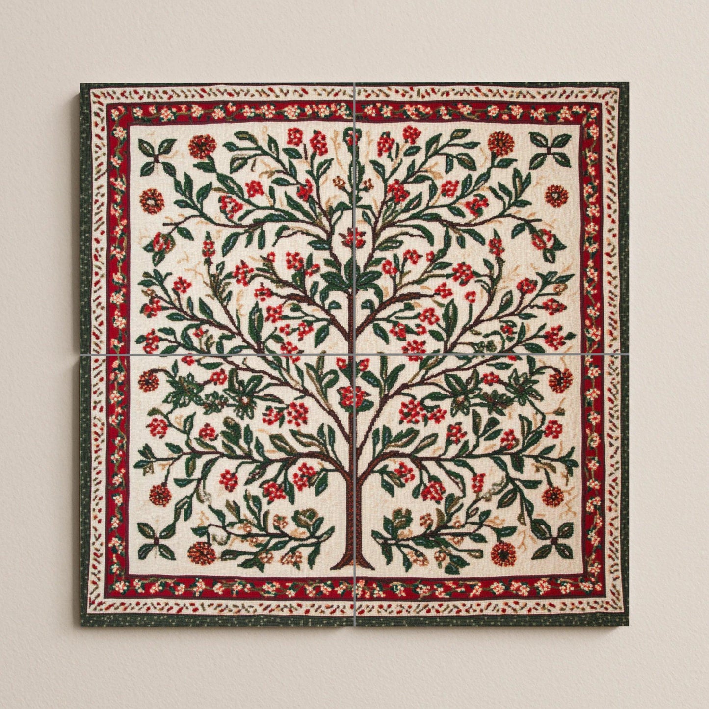 Palestinian Tatreez ceramic mural: Floral tree embroidered with olive and almond branches, red and green cross stitch pattern.