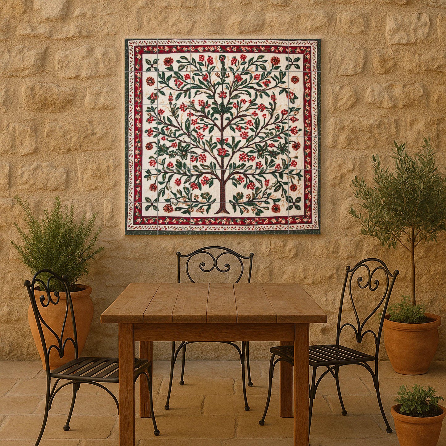 Palestinian Tatreez ceramic mural: Floral tree embroidered with olive and almond branches, red and green cross stitch pattern.