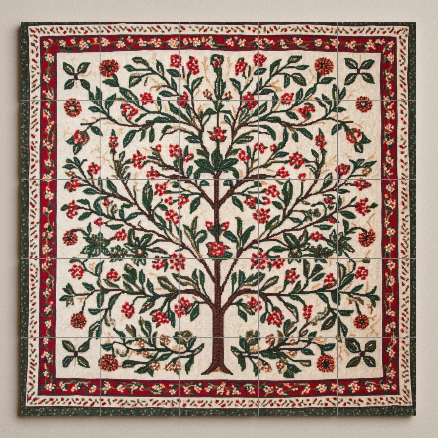 Palestinian Tatreez ceramic mural: Floral tree embroidered with olive and almond branches, red and green cross stitch pattern.
