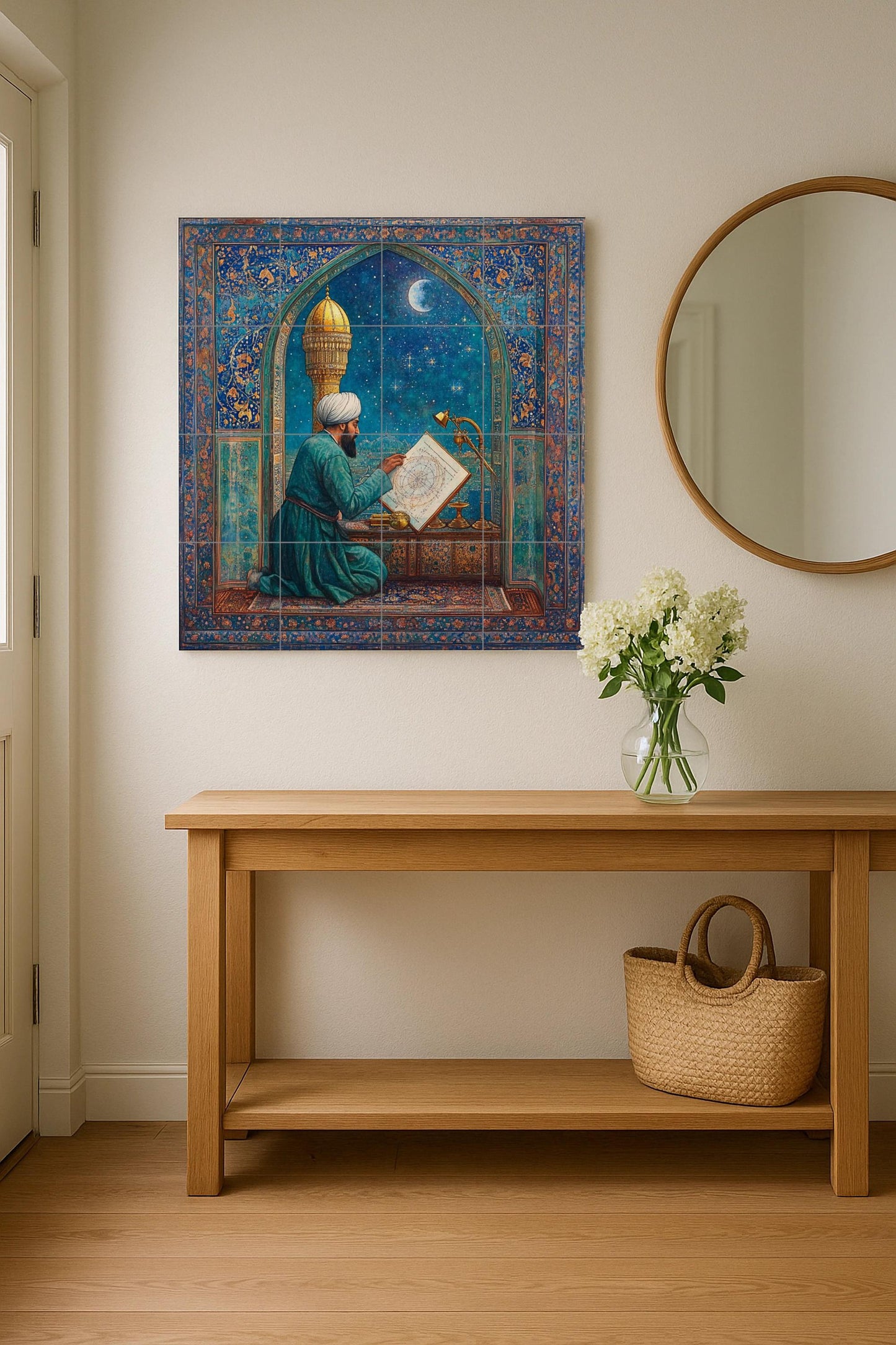 Ceramic mural of a Persian astronomer: a scholar with a celestial map in Islamic architecture, inspired by the art of Samarkand and Isfahan.