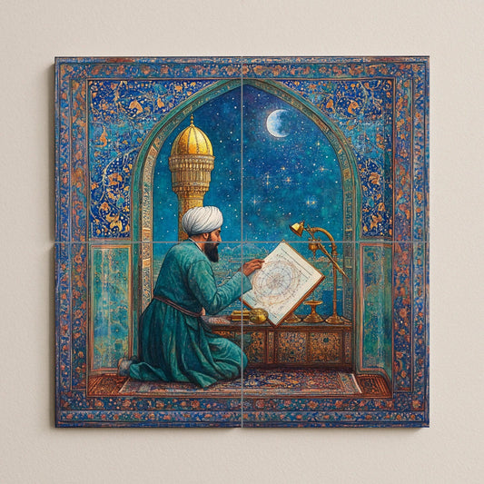 Ceramic mural of a Persian astronomer: a scholar with a celestial map in Islamic architecture, inspired by the art of Samarkand and Isfahan.