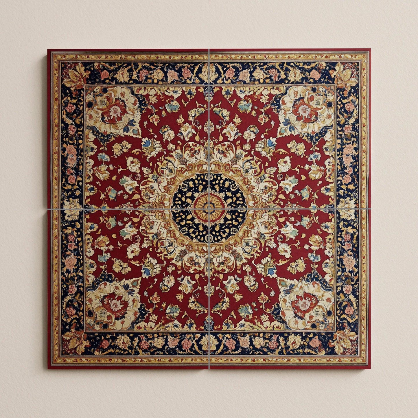 Ceramic mural of Persian heritage: medallion inspired by Tabriz and Mashhad with crimson and navy blue motifs, decorative ornamental tile.