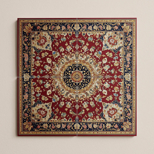 Ceramic mural of Persian heritage: medallion inspired by Tabriz and Mashhad with crimson and navy blue motifs, decorative ornamental tile.