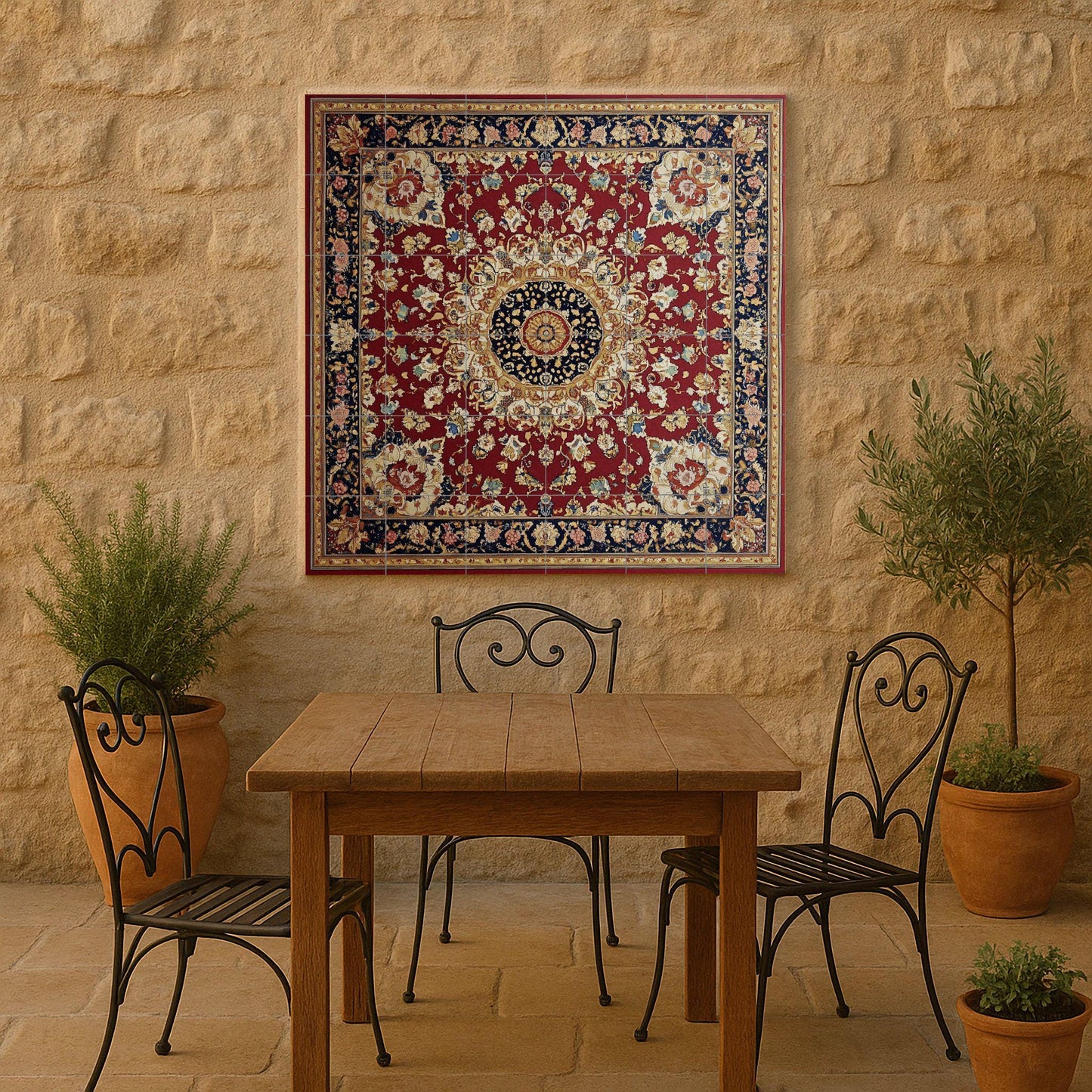 Ceramic mural of Persian heritage: medallion inspired by Tabriz and Mashhad with crimson and navy blue motifs, decorative ornamental tile.