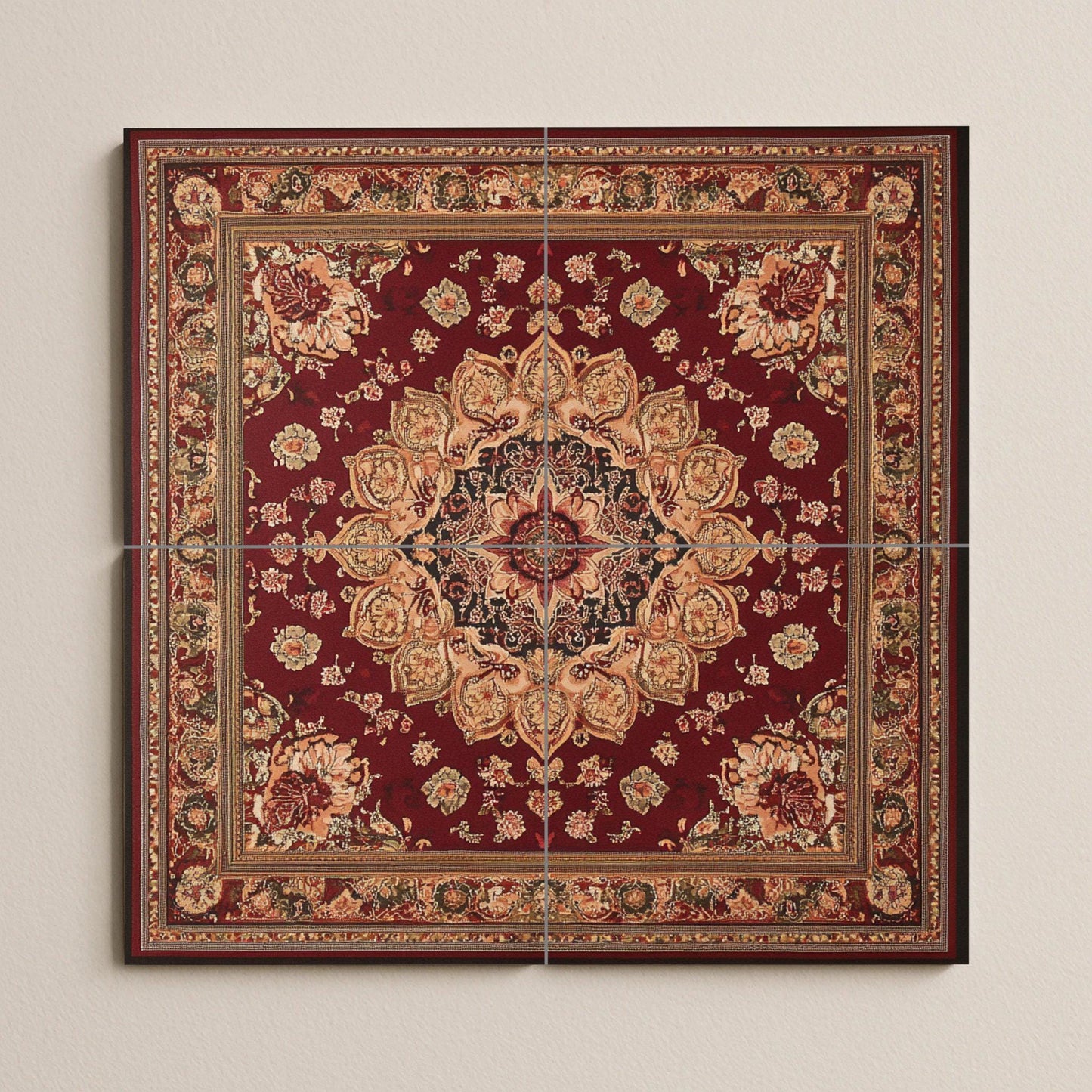 Oriental ceramic mural: floral medallion inspired by Kashan with intense crimson motifs, decorative tile of Persian heritage.