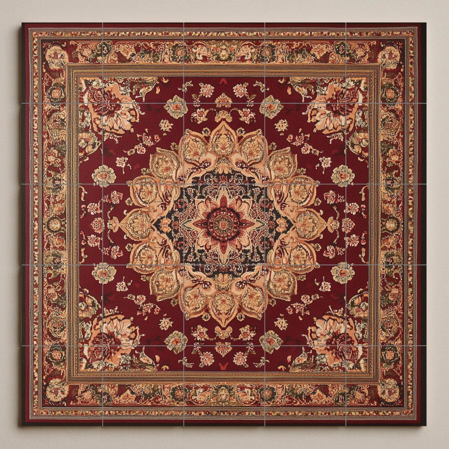 Oriental ceramic mural: floral medallion inspired by Kashan with intense crimson motifs, decorative tile of Persian heritage.