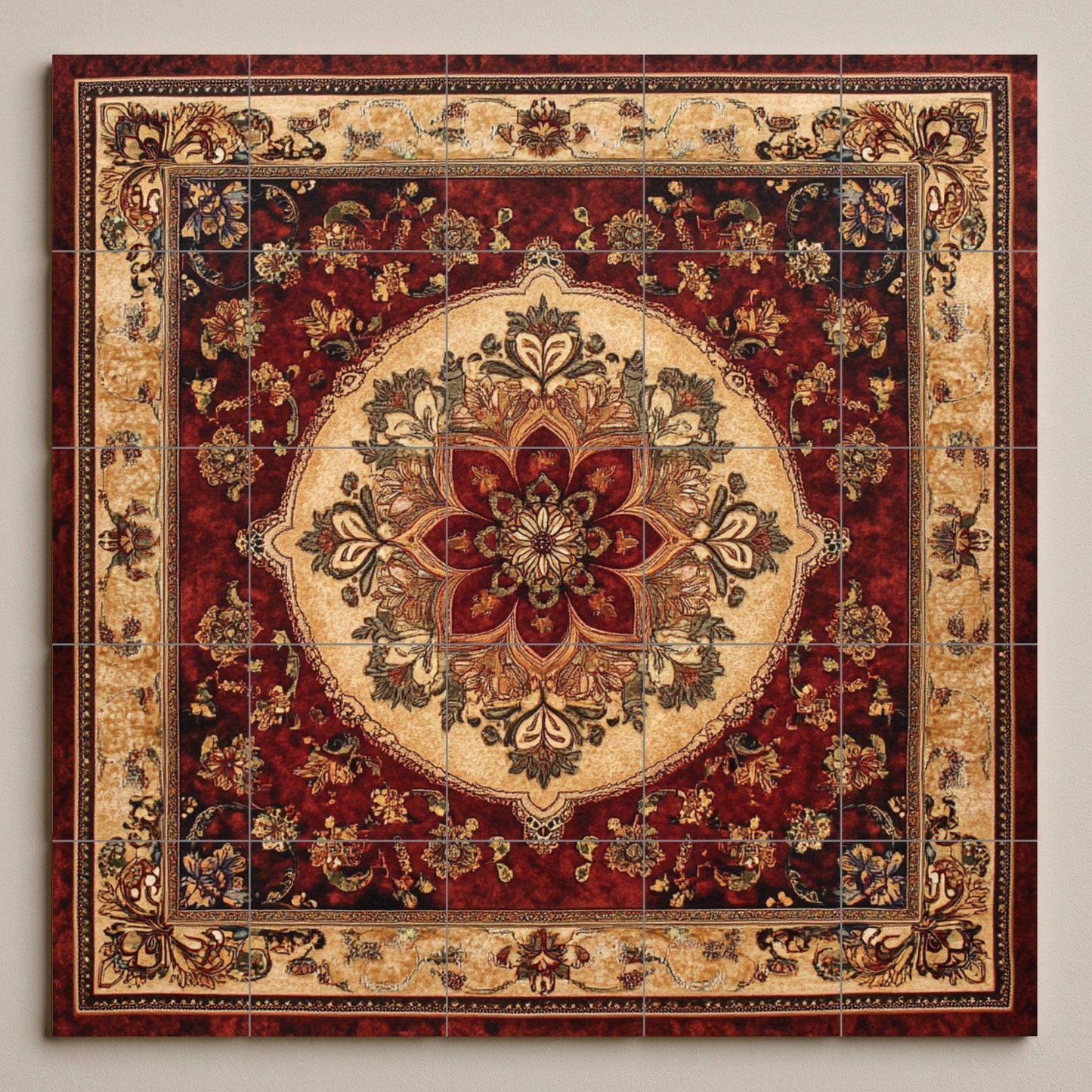 Persian ceramic mural: ornamental floral medallion with motifs inspired by Isfahan and Shiraz, decorative tile design of oriental art.
