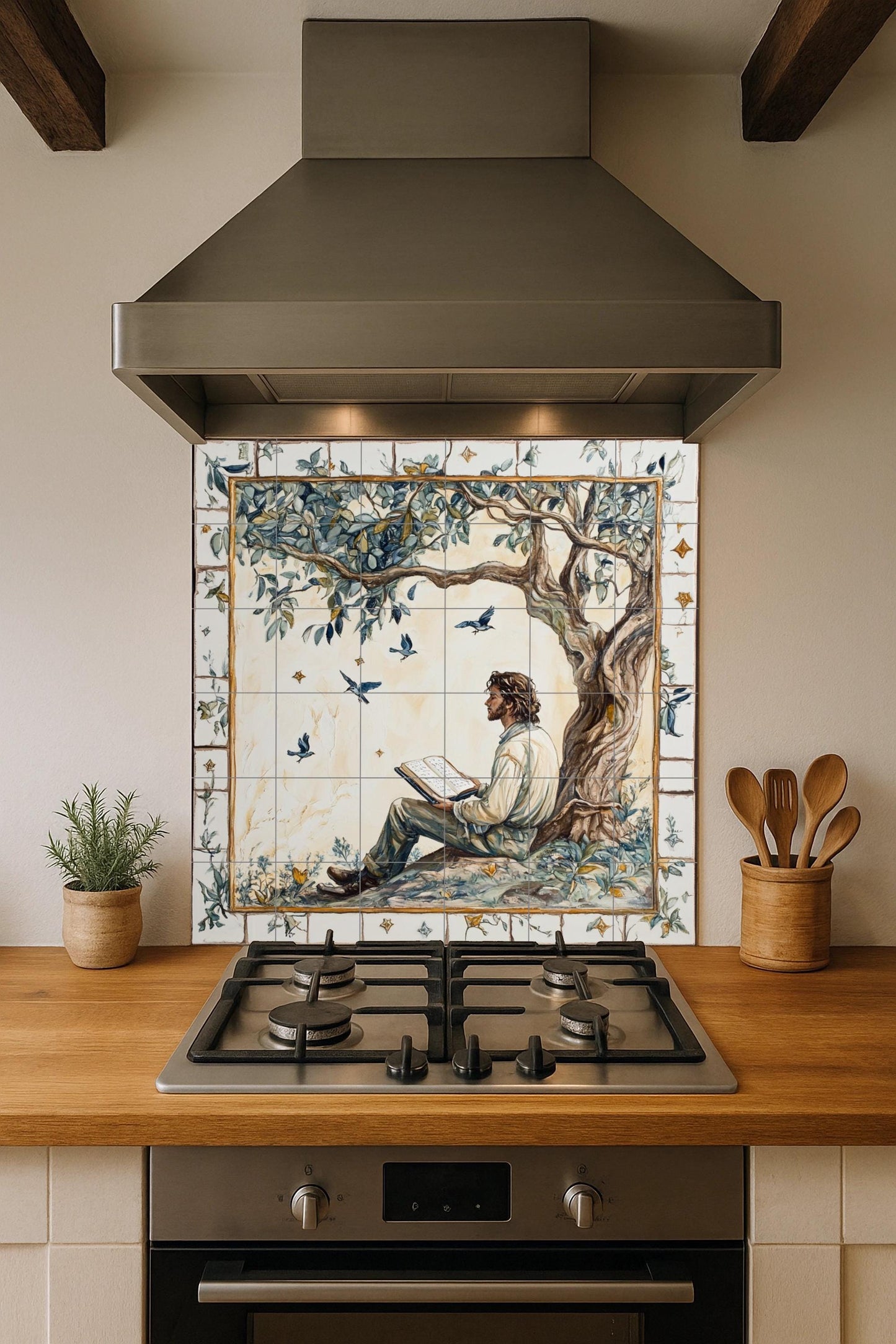 Literary ceramic mural: Man reading under a tree with birds in flight, poetic pastoral scene in the style of a fairy tale.