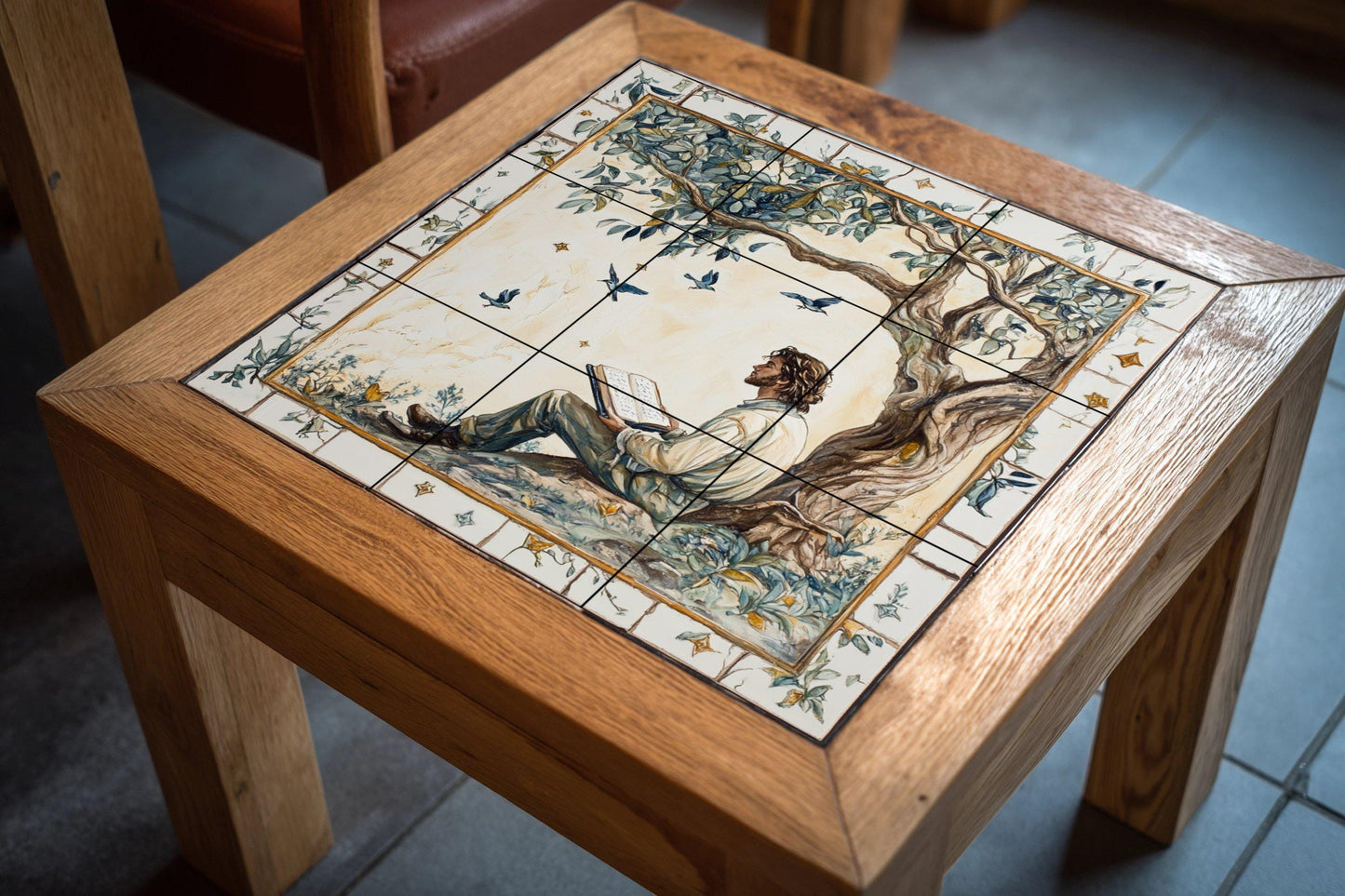 Literary ceramic mural: Man reading under a tree with birds in flight, poetic pastoral scene in the style of a fairy tale.