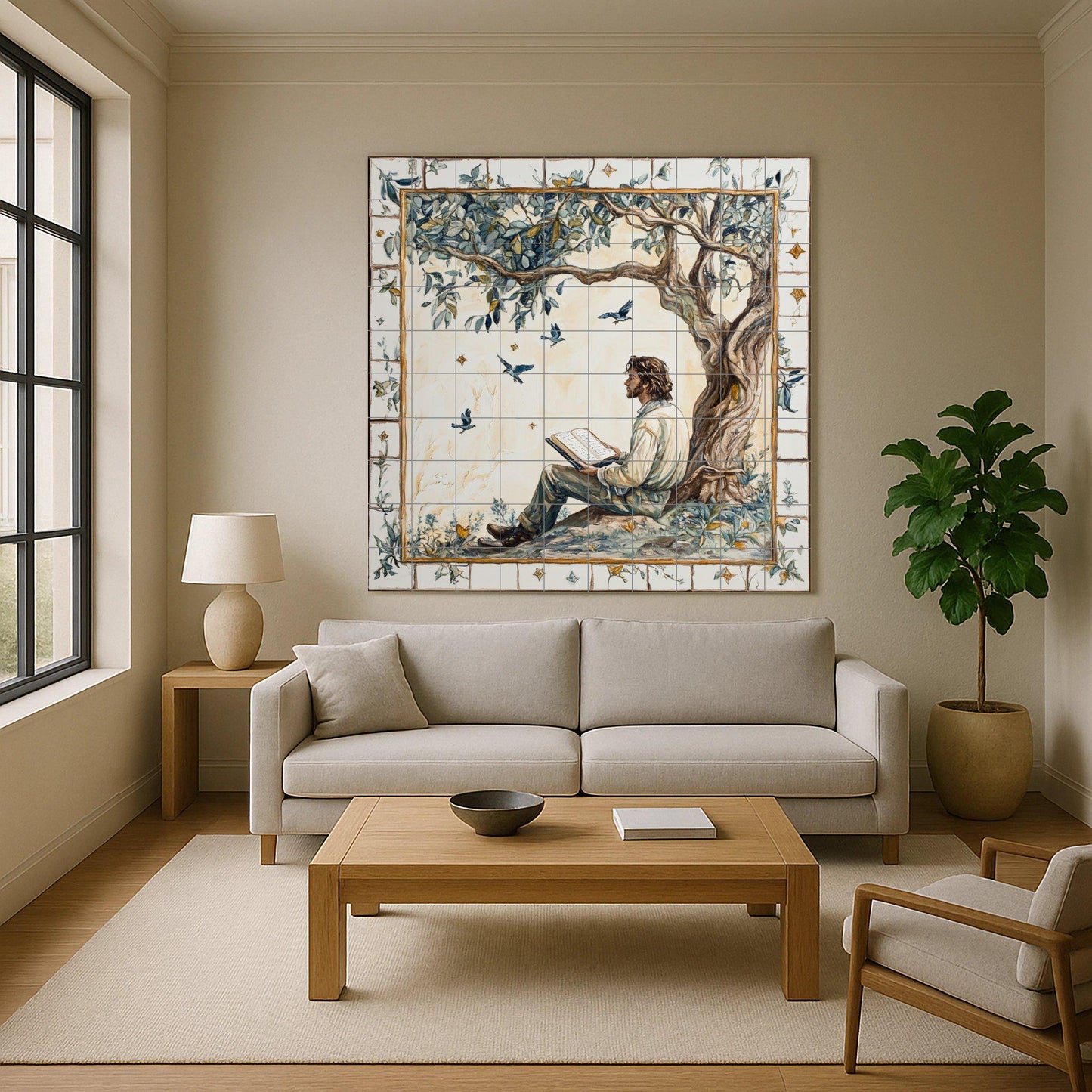 Literary ceramic mural: Man reading under a tree with birds in flight, poetic pastoral scene in the style of a fairy tale.