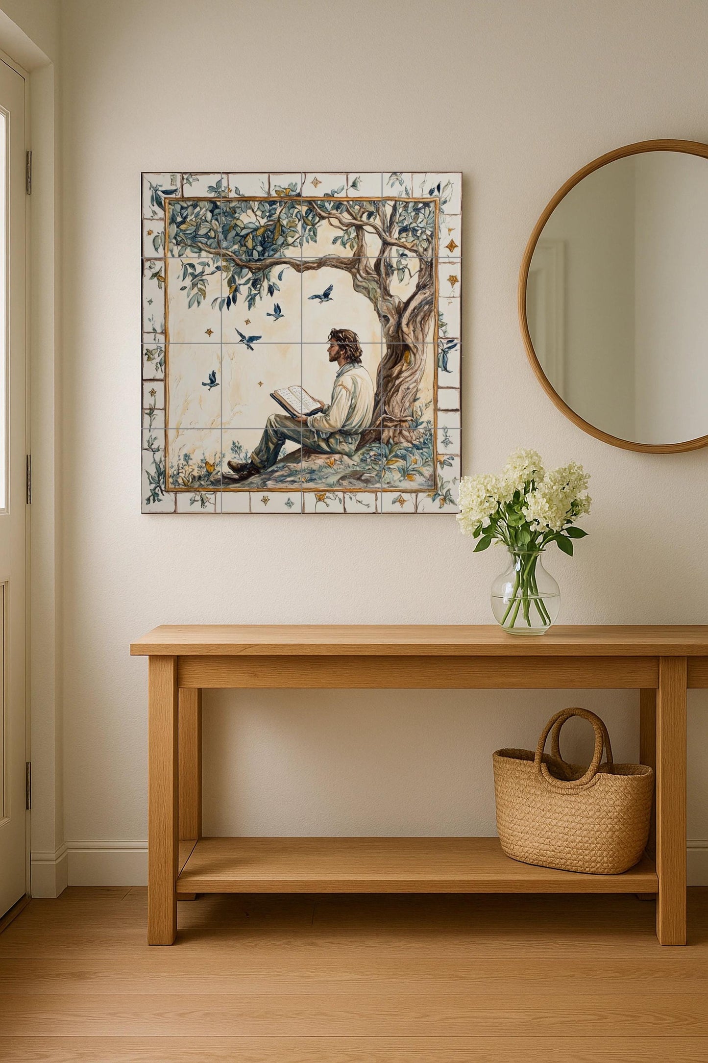 Literary ceramic mural: Man reading under a tree with birds in flight, poetic pastoral scene in the style of a fairy tale.