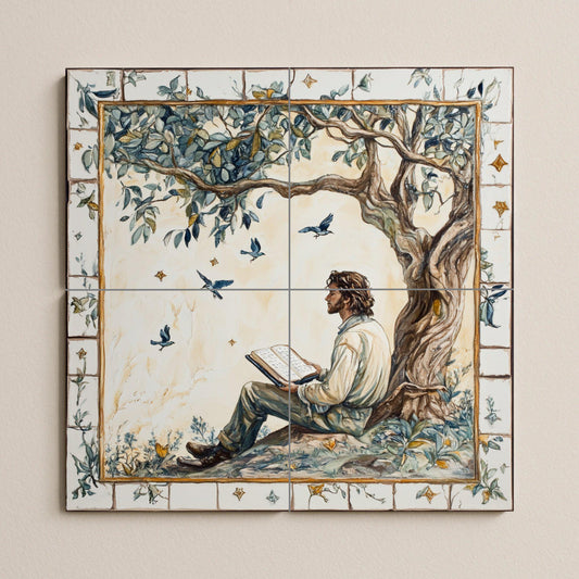 Literary ceramic mural: Man reading under a tree with birds in flight, poetic pastoral scene in the style of a fairy tale.