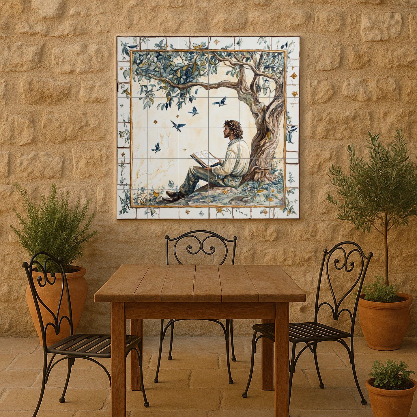 Literary ceramic mural: Man reading under a tree with birds in flight, poetic pastoral scene in the style of a fairy tale.