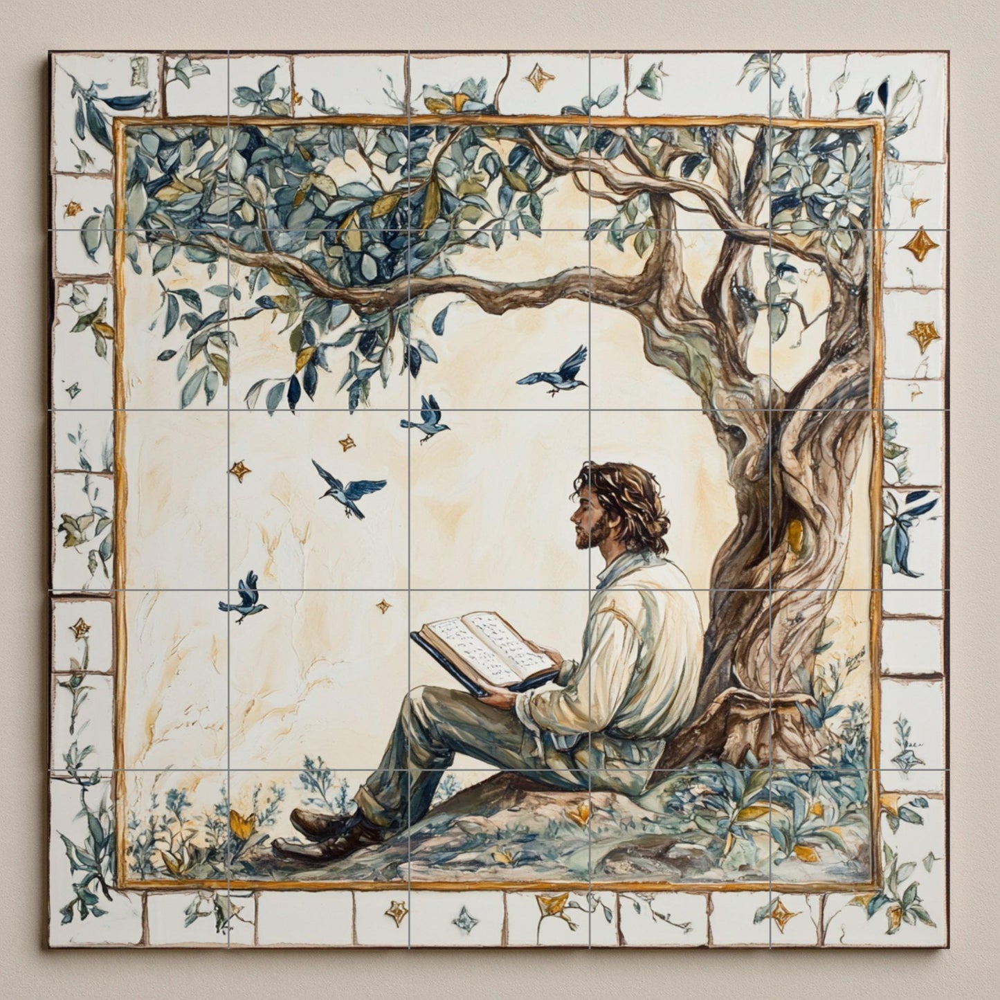 Literary ceramic mural: Man reading under a tree with birds in flight, poetic pastoral scene in the style of a fairy tale.
