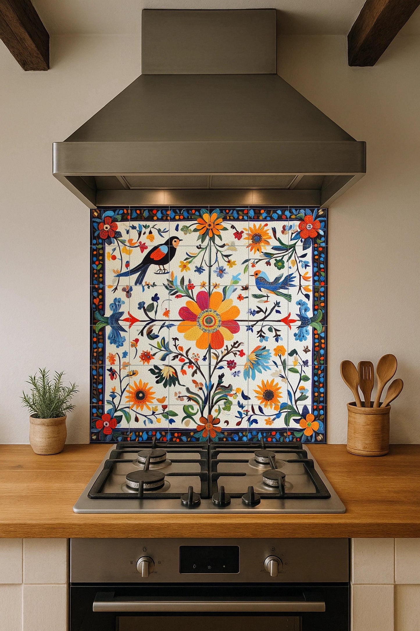 Mural of Polish folk ceramics: floral and bird motifs in the Wycinanki tradition, inspired by the decorative arts of Warsaw and Krakow.