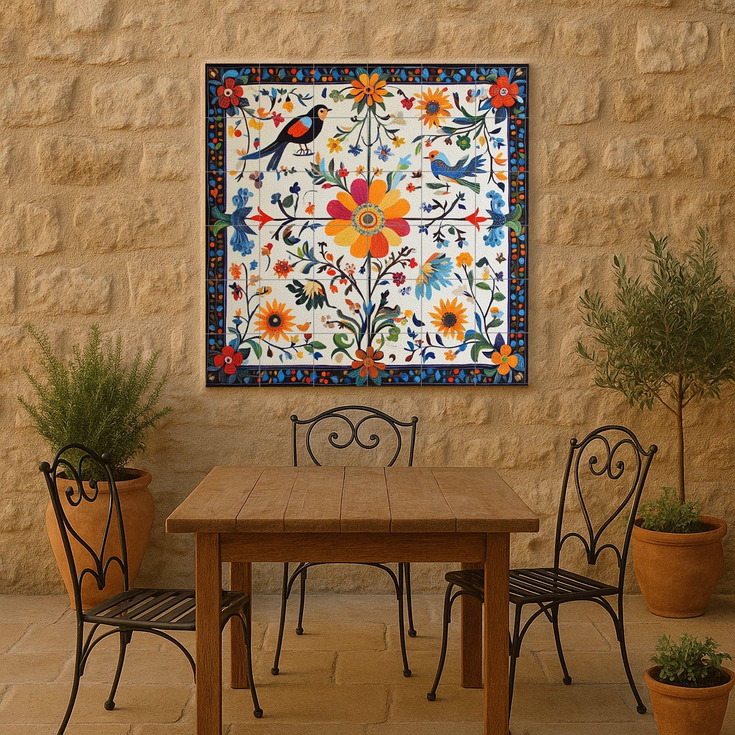 Mural of Polish folk ceramics: floral and bird motifs in the Wycinanki tradition, inspired by the decorative arts of Warsaw and Krakow.