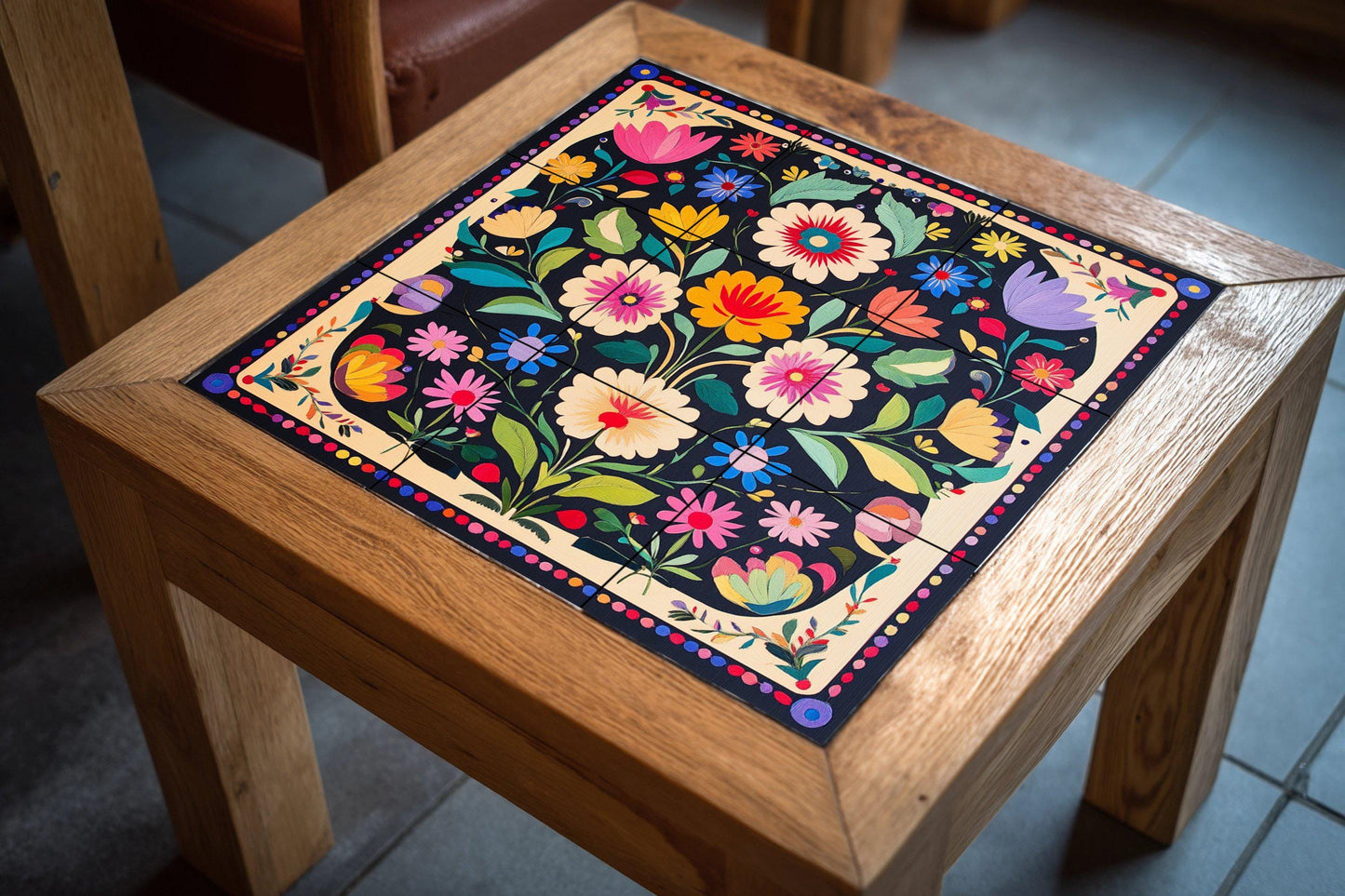 Popular Polish ceramic mural Wycinanki: colorful symmetrical floral pattern with tulip border, vibrant decorative tile design.