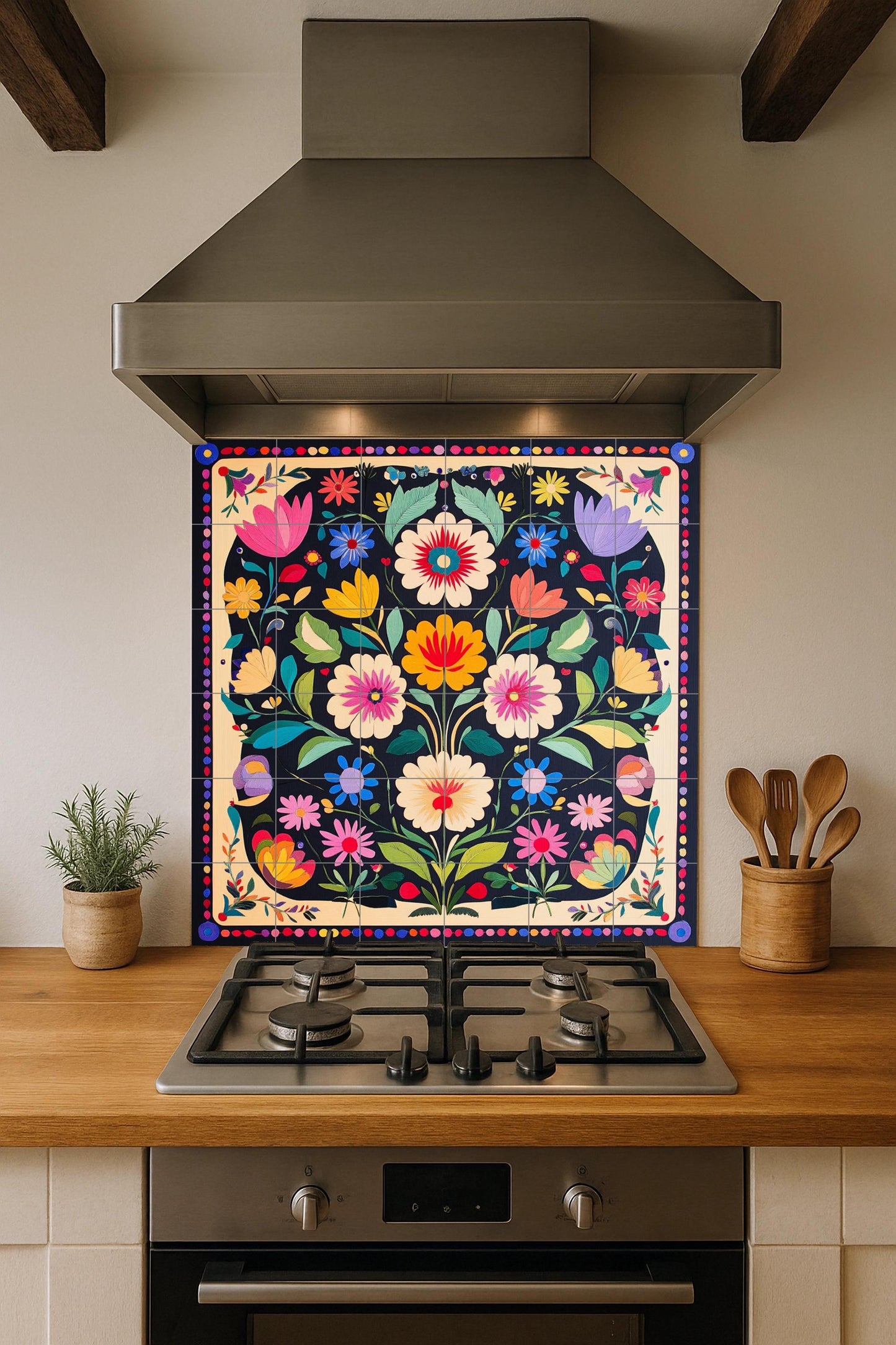 Popular Polish ceramic mural Wycinanki: colorful symmetrical floral pattern with tulip border, vibrant decorative tile design.