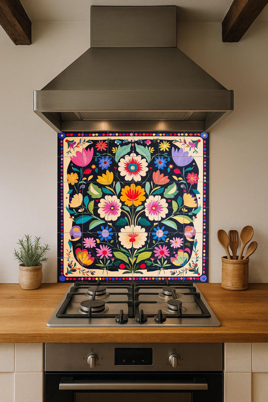 Popular Polish ceramic mural Wycinanki: colorful symmetrical floral pattern with tulip border, vibrant decorative tile design.