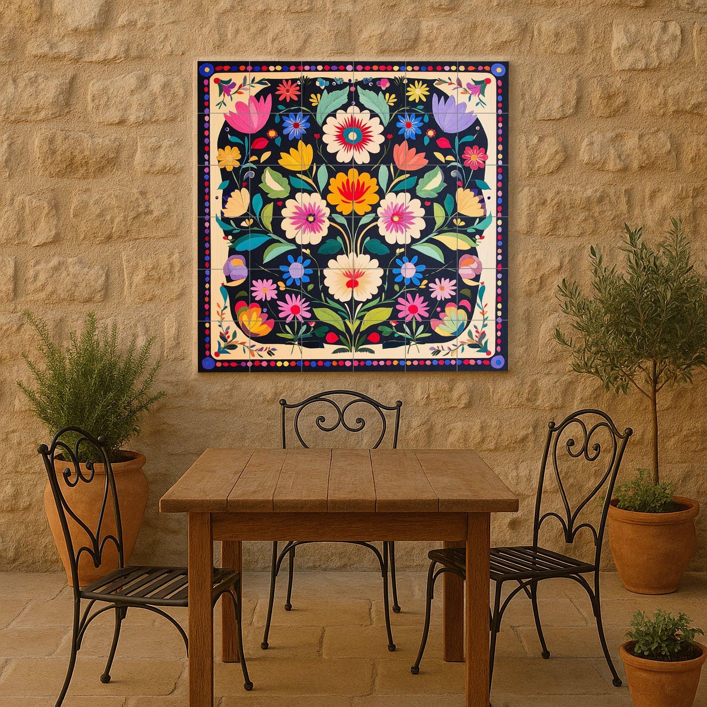 Popular Polish ceramic mural Wycinanki: colorful symmetrical floral pattern with tulip border, vibrant decorative tile design.