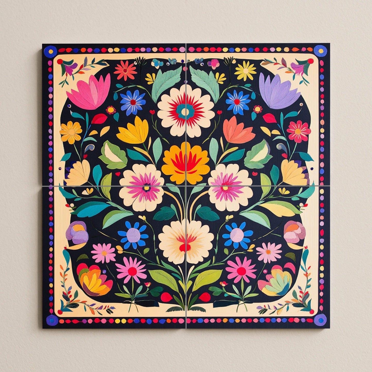 Popular Polish ceramic mural Wycinanki: colorful symmetrical floral pattern with tulip border, vibrant decorative tile design.