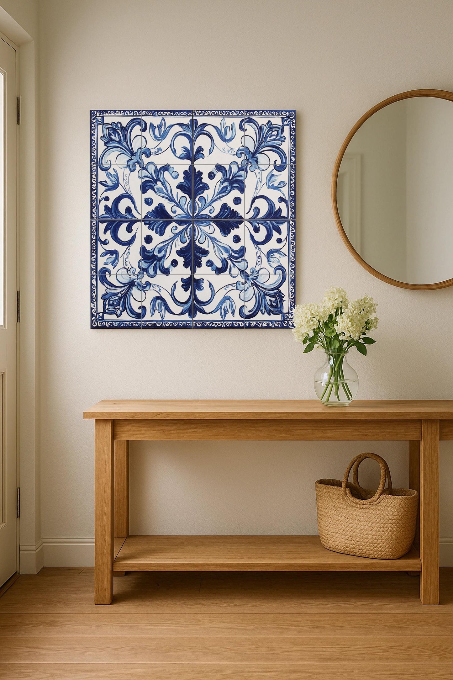 Portuguese tile ceramic mural: classic blue and white floral ornament with filigree border, elegant decorative design.