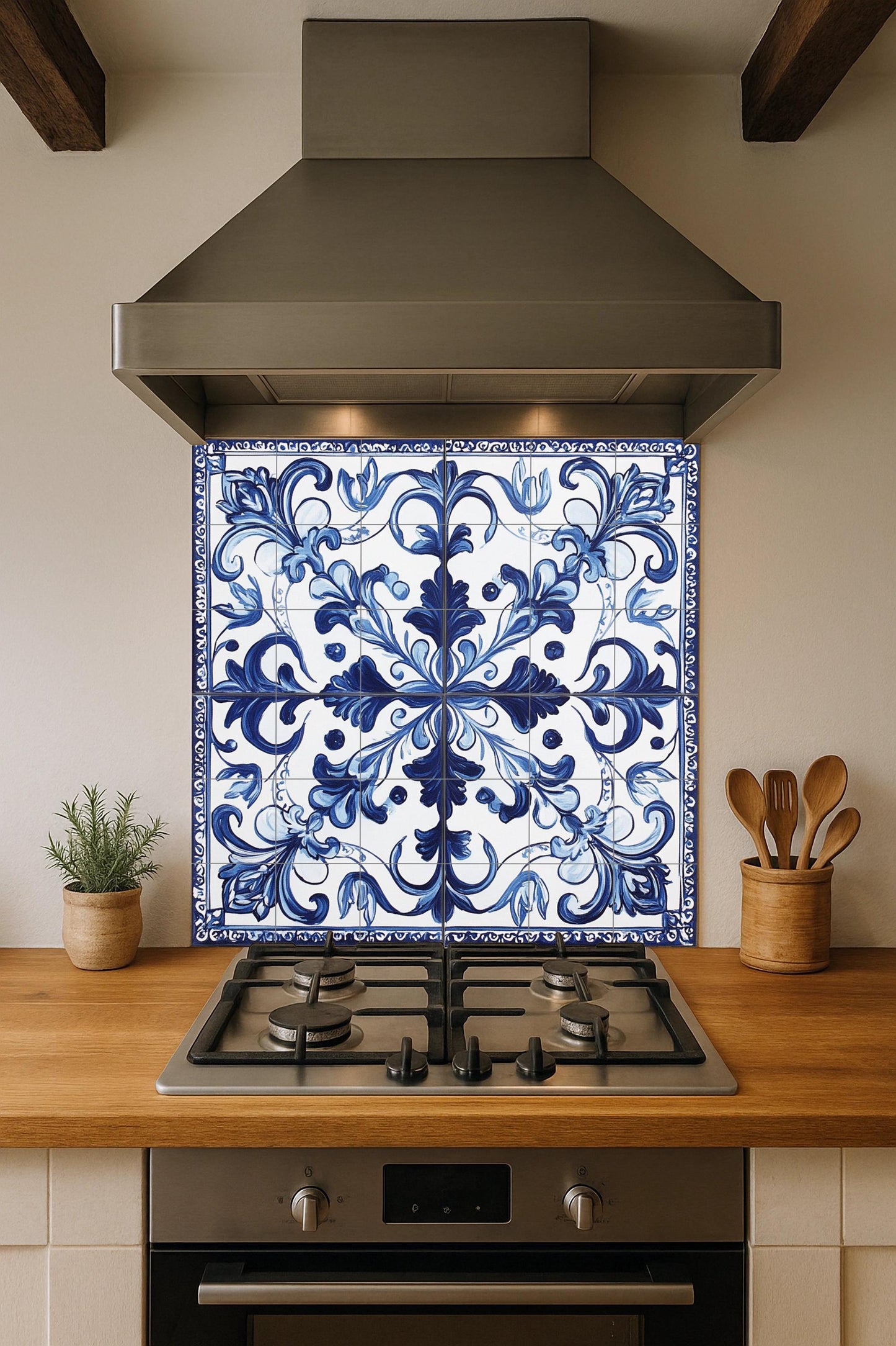 Portuguese tile ceramic mural: classic blue and white floral ornament with filigree border, elegant decorative design.