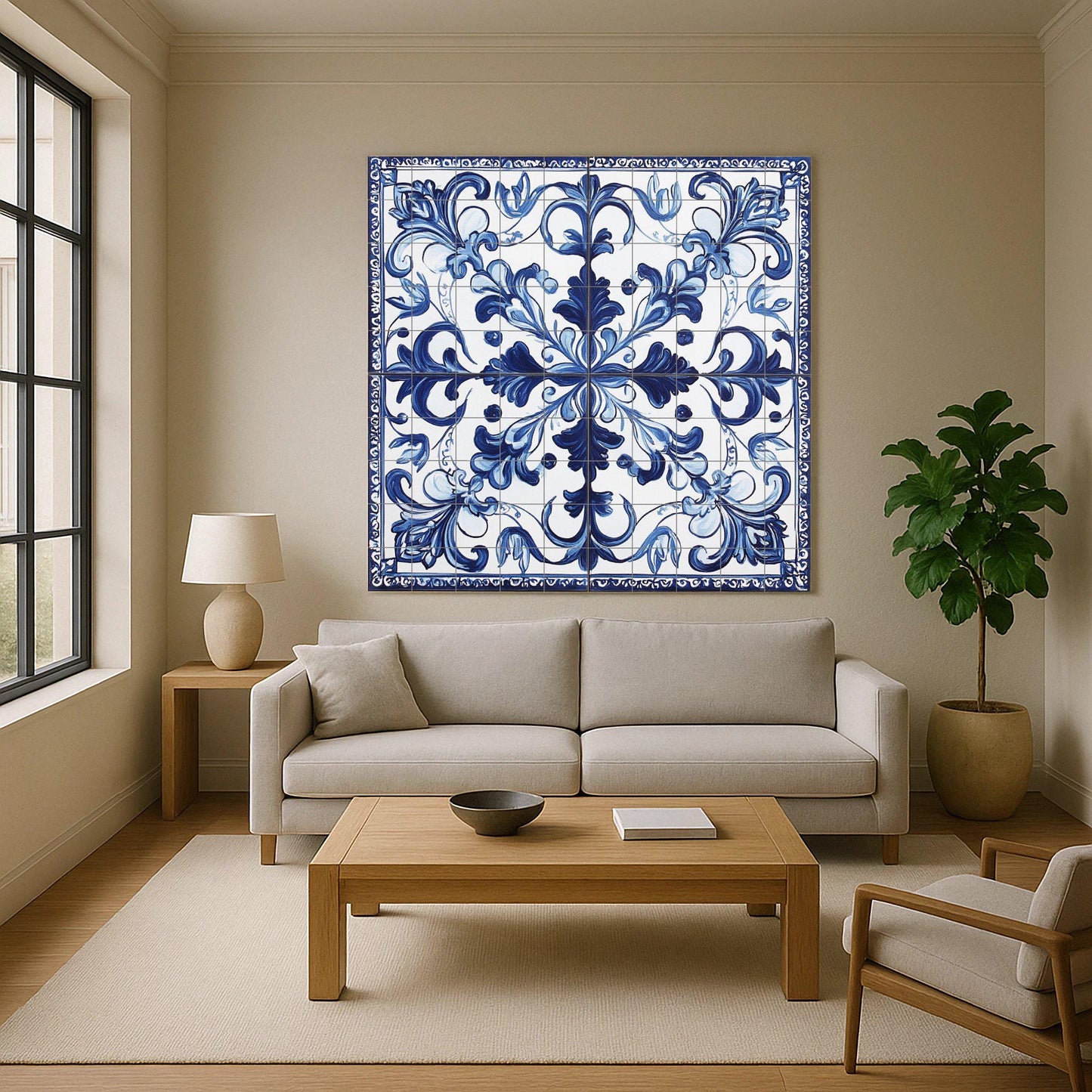 Portuguese tile ceramic mural: classic blue and white floral ornament with filigree border, elegant decorative design.