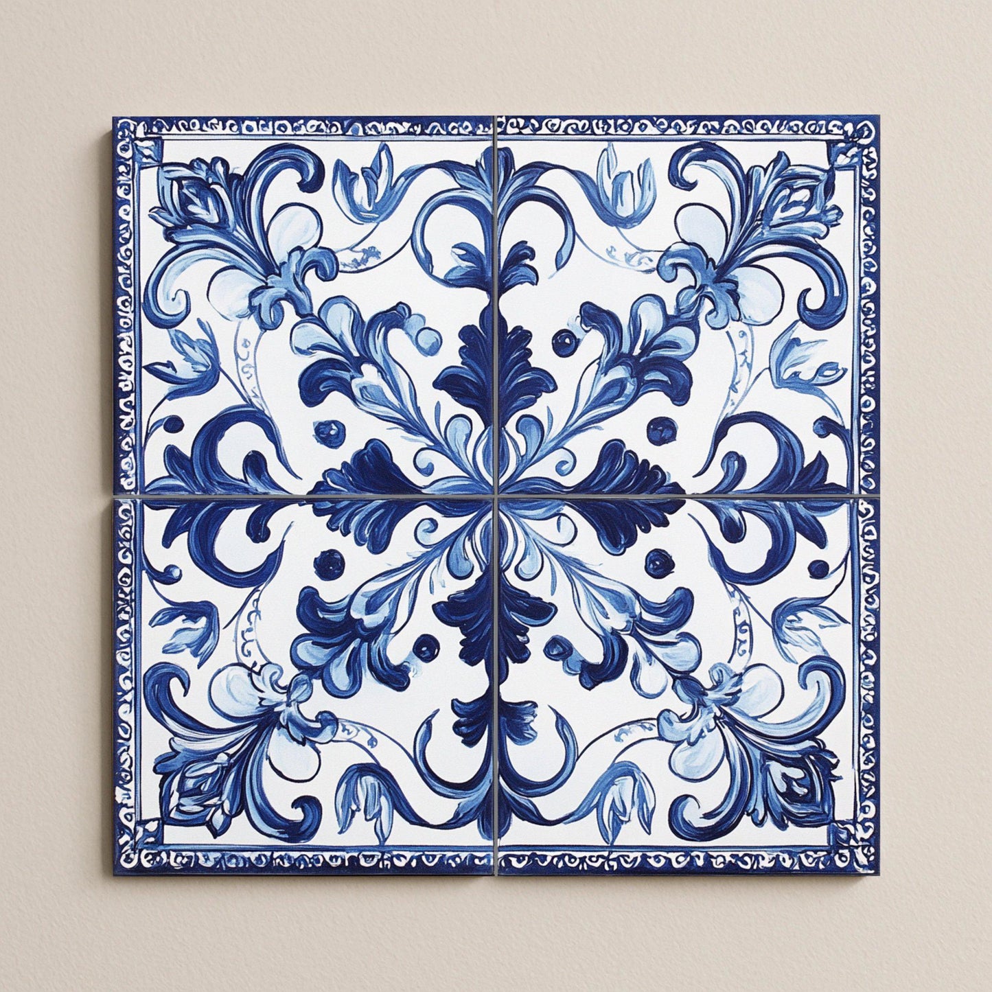 Portuguese tile ceramic mural: classic blue and white floral ornament with filigree border, elegant decorative design.