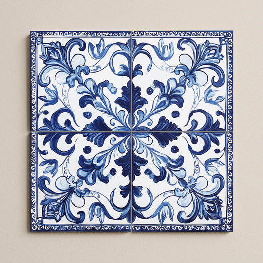 Portuguese tile ceramic mural: classic blue and white floral ornament with filigree border, elegant decorative design.