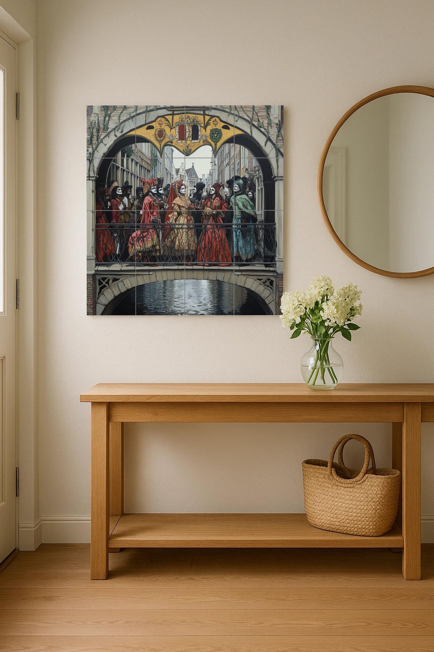 Ceramic mural of the Renaissance Festival Procession: masked figures in ornate costumes crossing a Gothic bridge in medieval style.