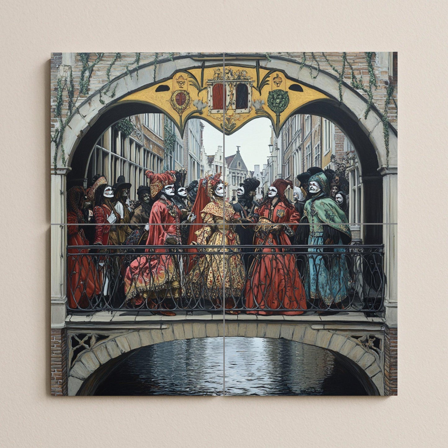 Ceramic mural of the Renaissance Festival Procession: masked figures in ornate costumes crossing a Gothic bridge in medieval style.