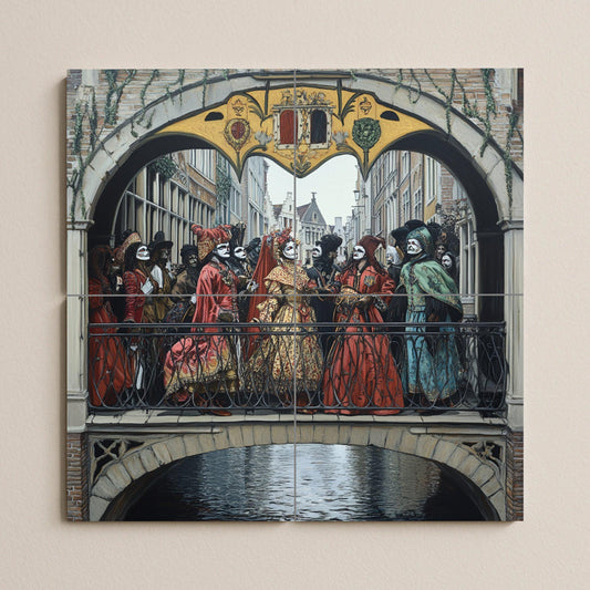 Ceramic mural of the Renaissance Festival Procession: masked figures in ornate costumes crossing a Gothic bridge in medieval style.